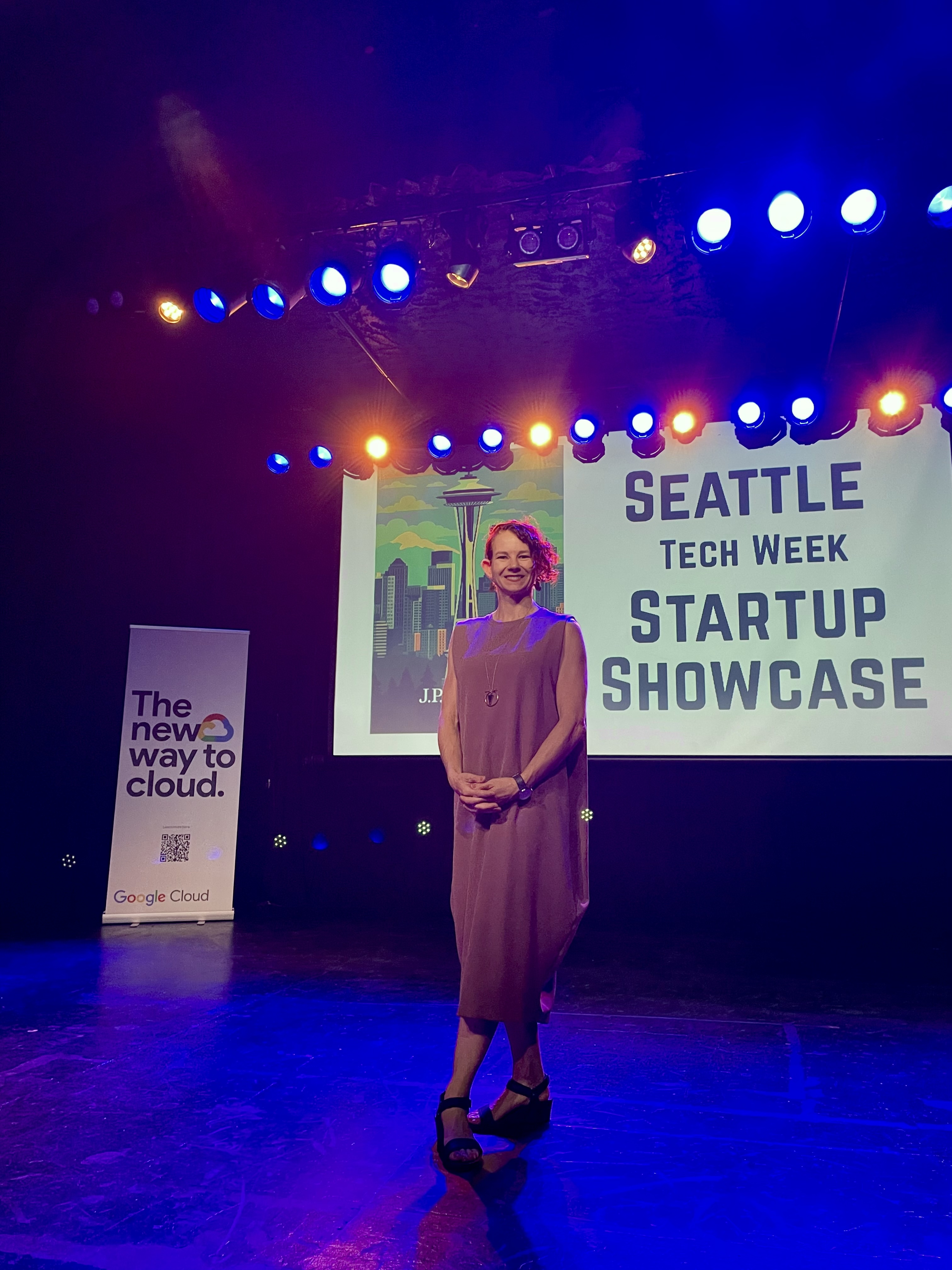 Courtney Blodgett on stage at the Seattle Tech Week Startup Showcase, 2025